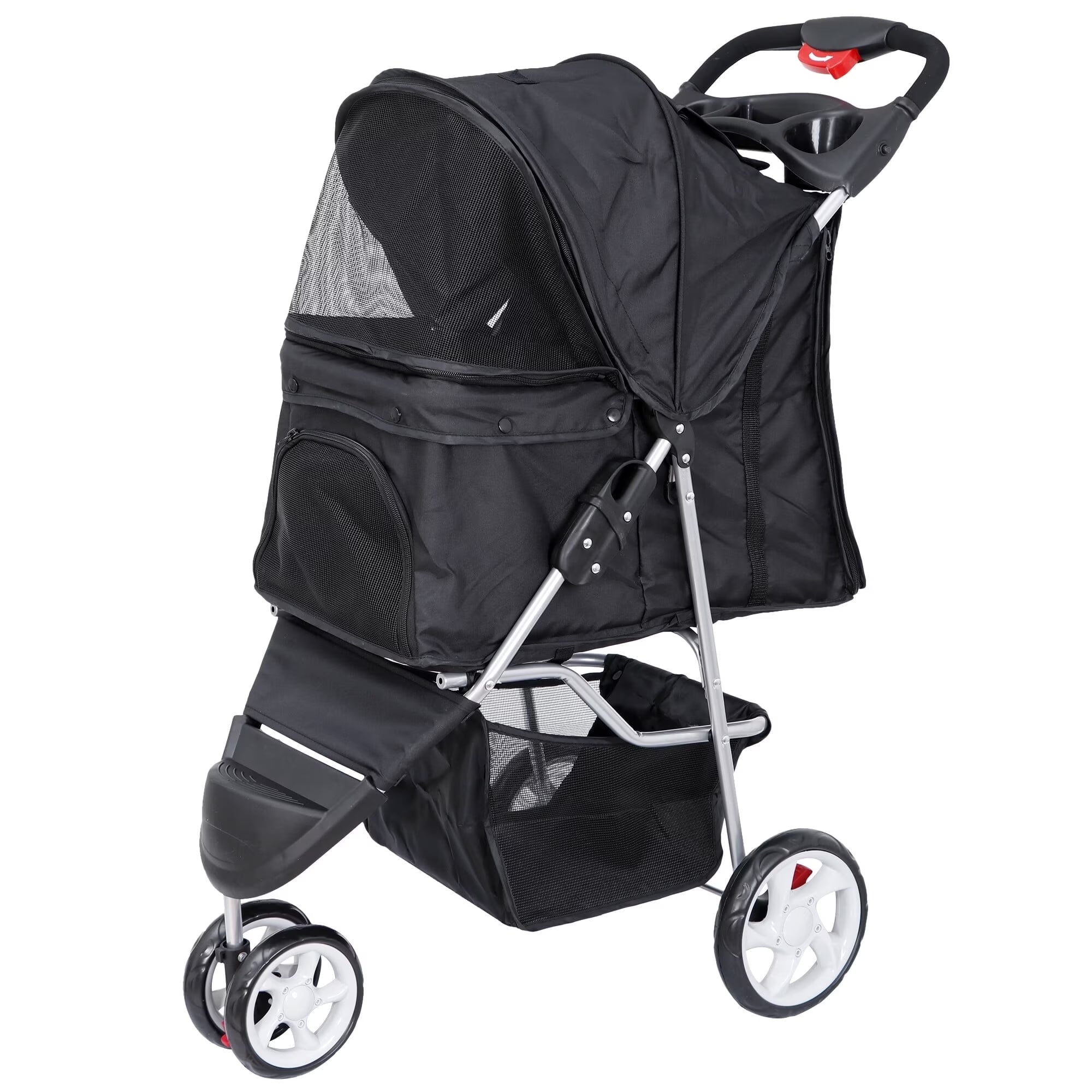 Three Wheels Pet Stroller, 360 Rotation, Folding Convertible Design, Black