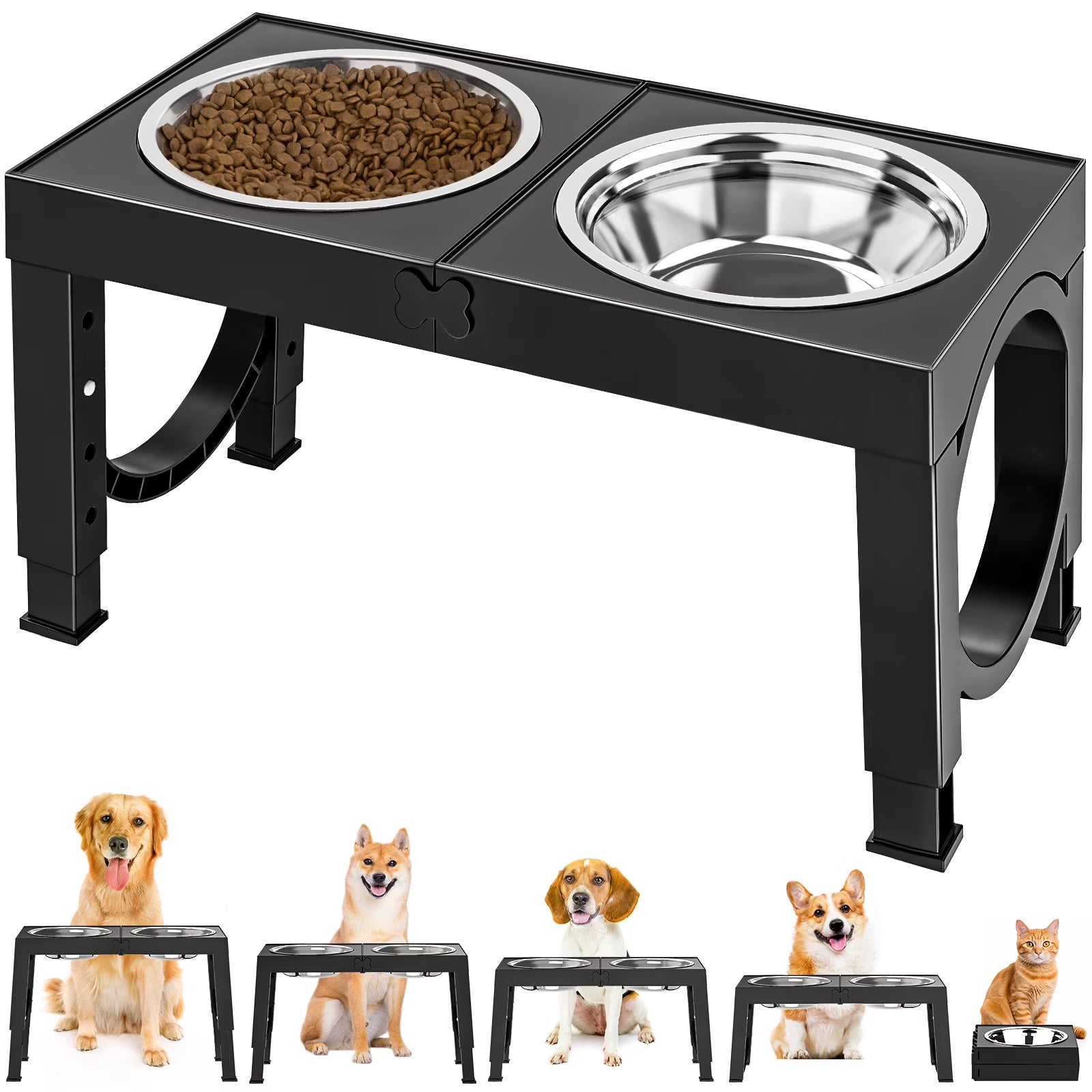 X XBEN Elevated Dog Bowls, 5 Heights Adjustable Dog Raised Bowl Stand with Two 1000ML Stainless Steel Dog Food and Water Bowls, Pet Bowl Holder to Protect Dogs Joints for Small Medium Large Dog