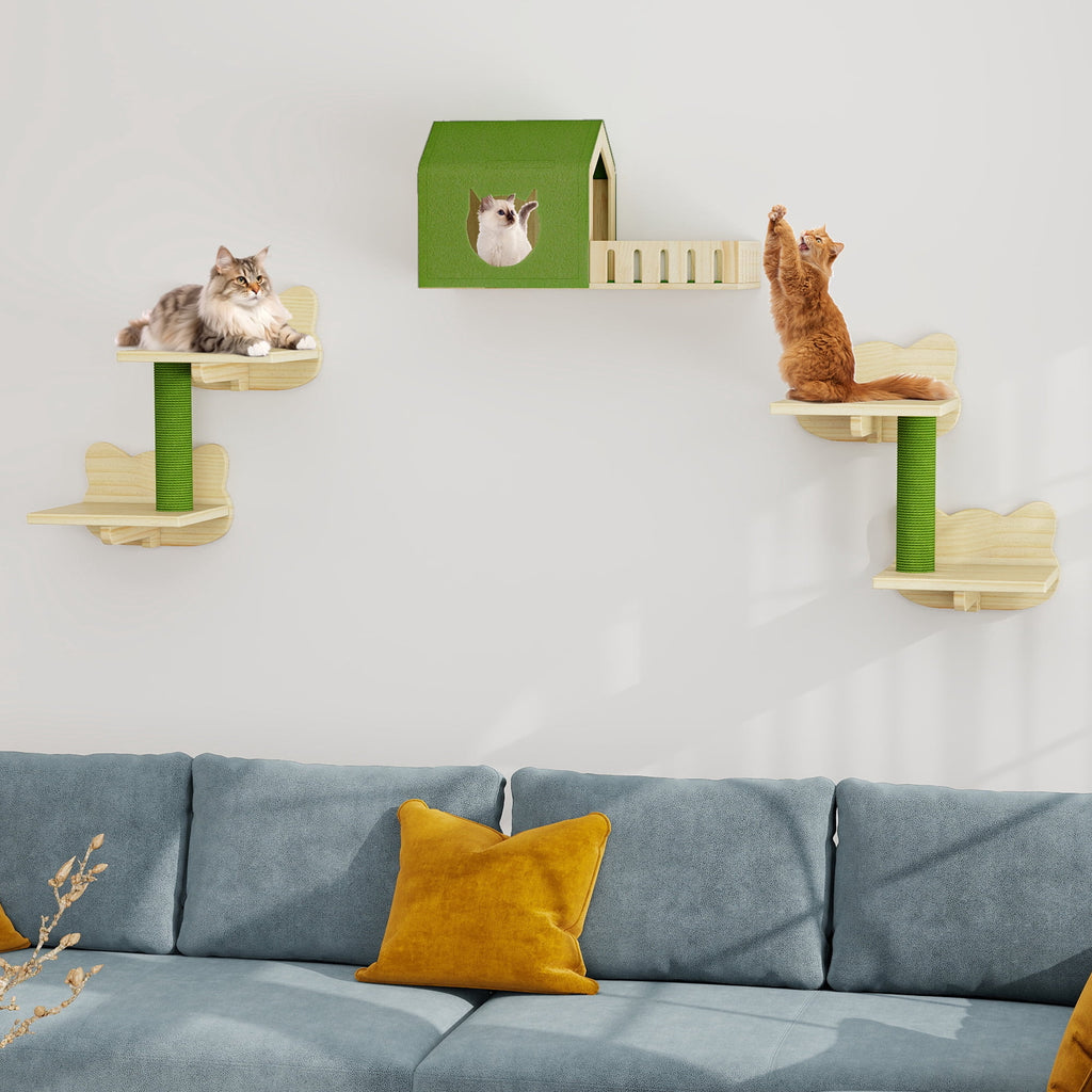 Cat Wall Shelves and Perches, Wooden Wall-Mounted Cat Furniture Set of 8 with House, 4 Perches, 2 Sisal Posts & Pom-Pom Toy for Indoor, Green & Wood