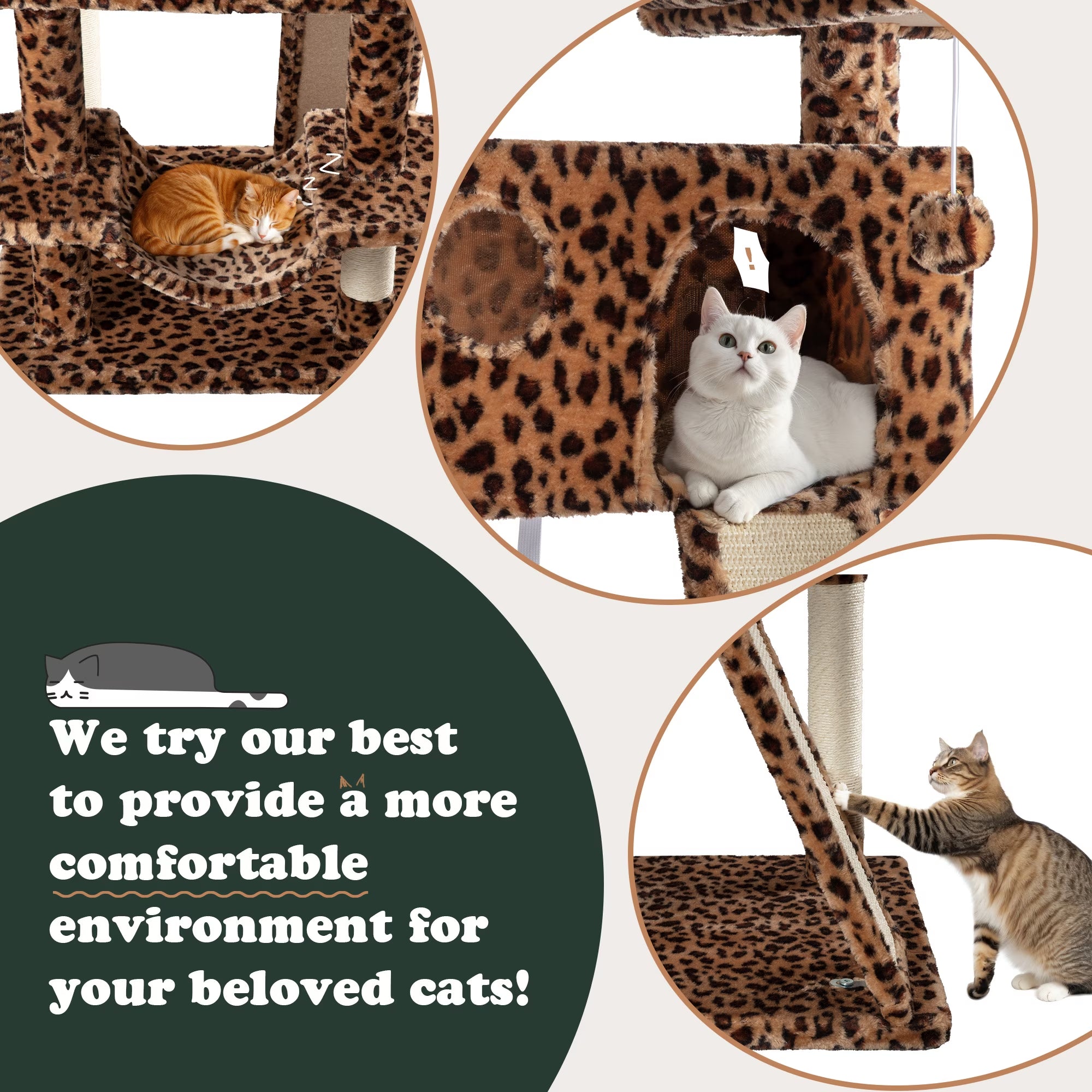 65.7" Large Cat Tree and Tower Condo for Indoor Cats with 2 Scratching Boards, Hammock & Post, Leopard Print
