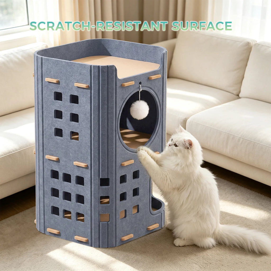 A cat scratching the side of the 3-Tier Felt Cat Tower & Cave with descriptive text saying "Scratch-Resistant Surface"
