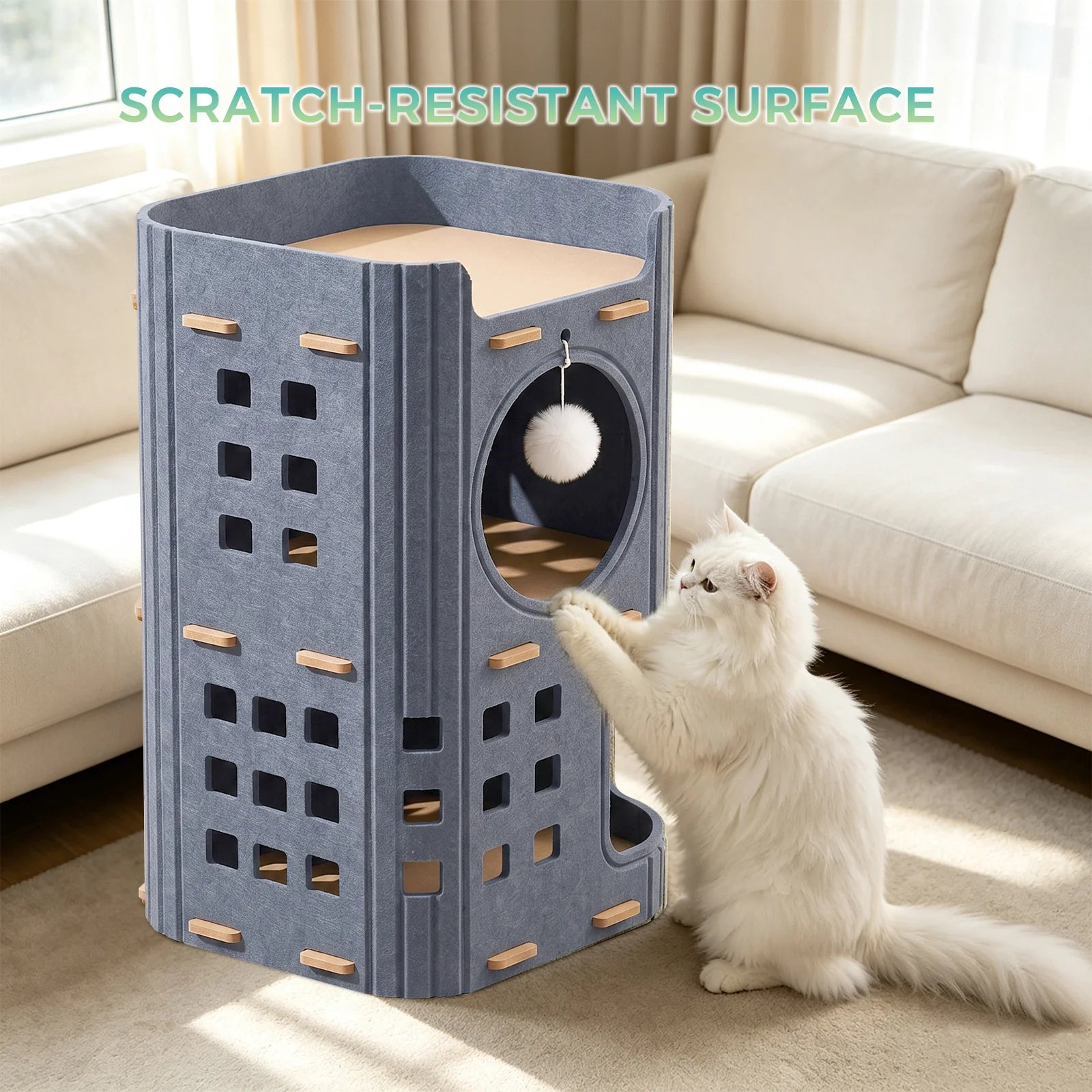A cat scratching the side of the 3-Tier Felt Cat Tower & Cave with descriptive text saying "Scratch-Resistant Surface"
