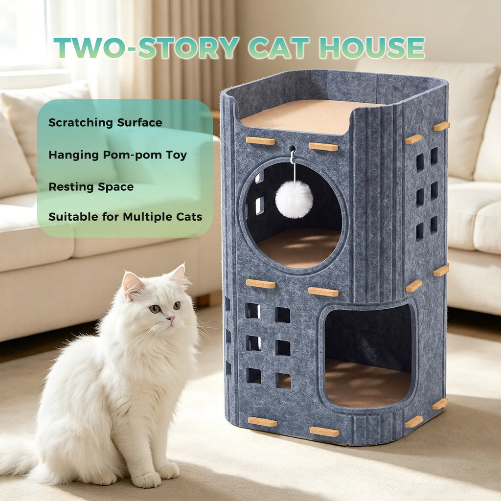 A cat standing in front of the 3-Tier Felt Cat Tower & Cave with descriptive text that says "Two Story Cat House: Scratching Surface, Hanging pom-pom toy, resting space, suitable for multiple cats"