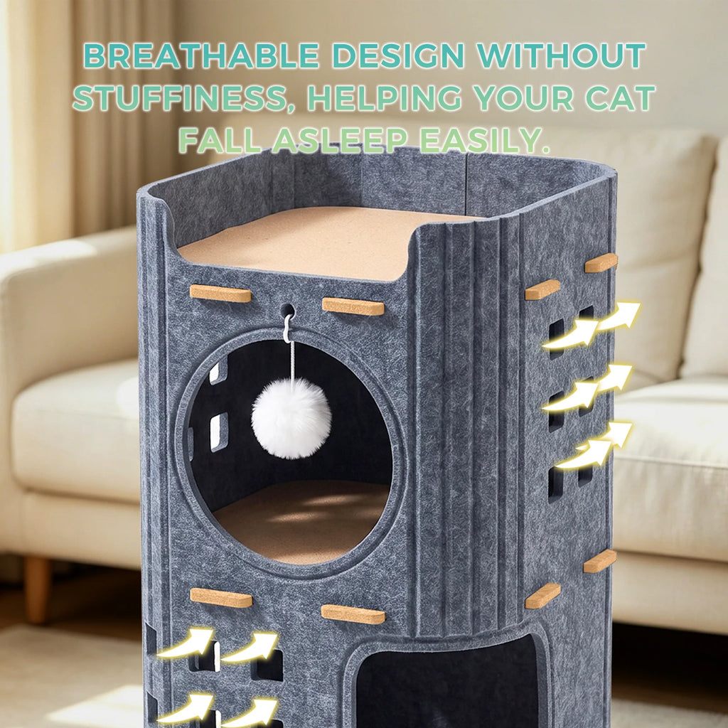 A close up of the upper level of the 3-Tier Felt Cat Tower & Cave with arrows depicting the airflow functionality and descriptive text saying "Breathable Design without stuffiness, helping your cat fall asleep easily."