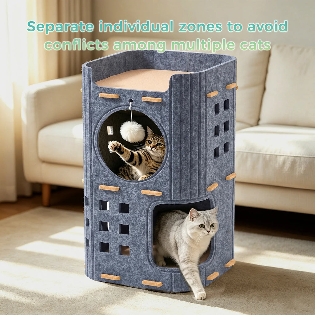 Two cats using the 3-Tier Felt Cat Tower & Cave at the same time - one on the upper layer playing with the hanging pom-pom toy and the other exiting the lower level, with descriptive text that says "Separate individual zones to avoid conflicts among multiple cats"