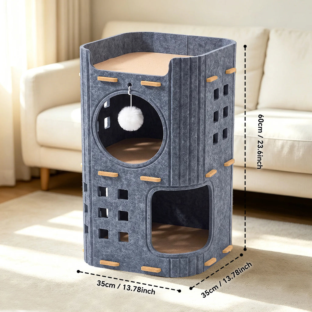 The 3-Tier Felt Cat Tower & Cave with overlayed measurements in imperial and metric units