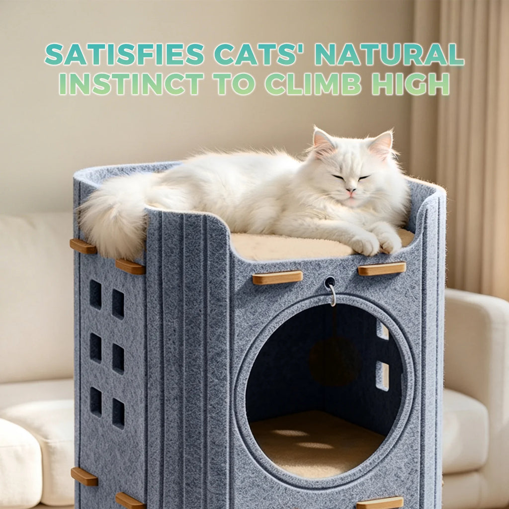 A cat laying on the top level of the 3-Tier Felt Cat Tower & Cave with descriptive text that says "Satisfies cats' natural instinct to climb high"