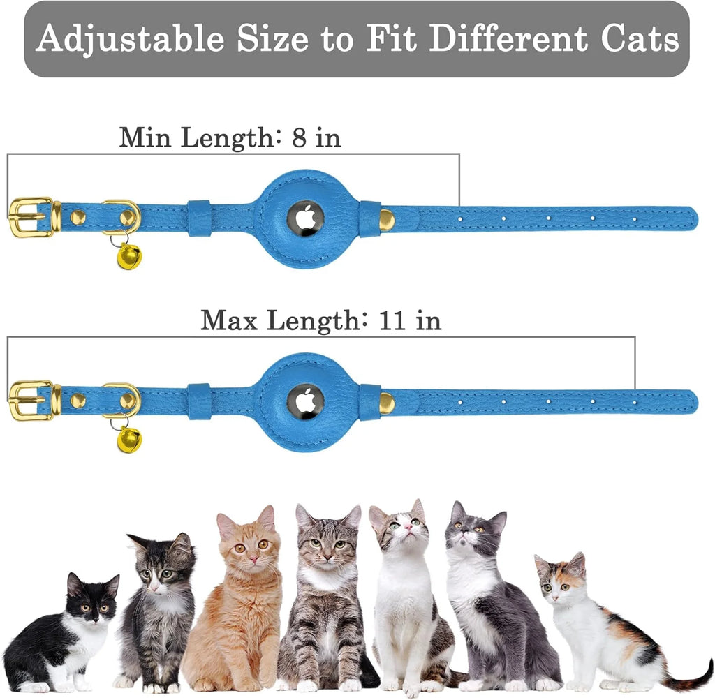 Leather Airtag Cat Collar – Non-Breakaway Kitten Collar for Cats & Small Dogs with Airtag Holder, Safety Bell - Lightweight GPS Pet Collars, Blue