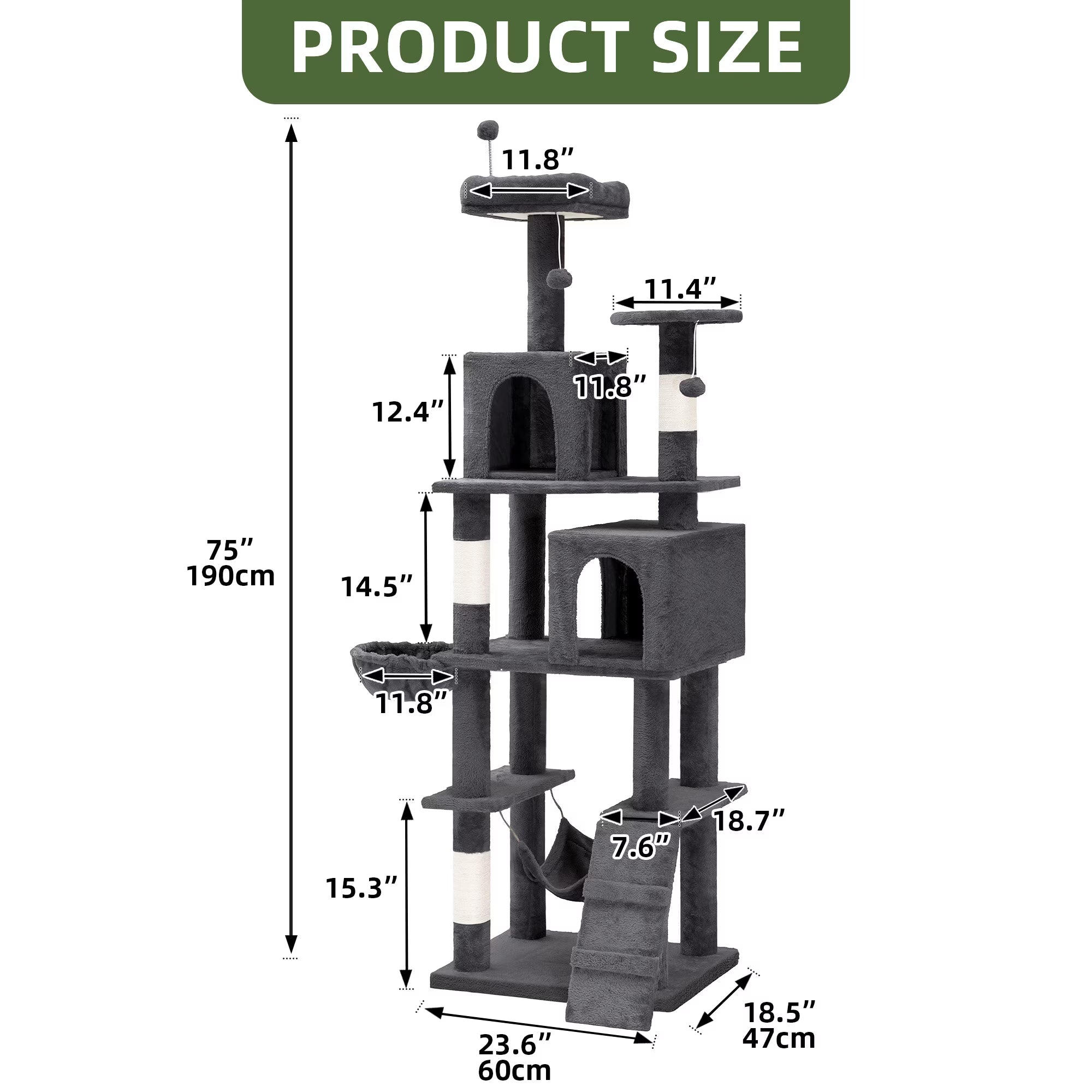 44" Multi-Level Cat Condo with Scratch Posts and Hammock, Light Gray