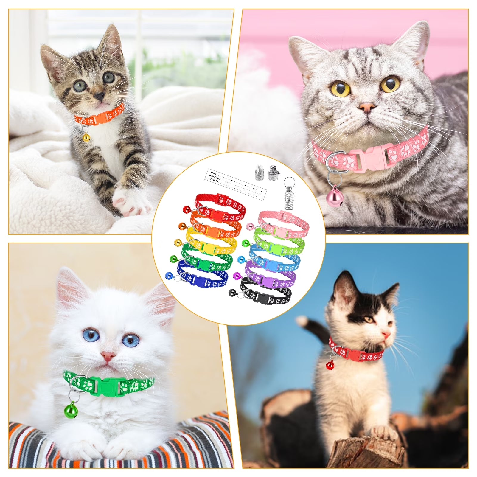 Taihexin 10 Pack Cat Collars with Bells, Puppy Id Collars, Adjustable 7.5-12.6 Inch Safety Buckle Nylon Kitten Collar with Name Tag, Cat Collar for Girl Cats Male Cat (10 Colors & 2 ID Tags)