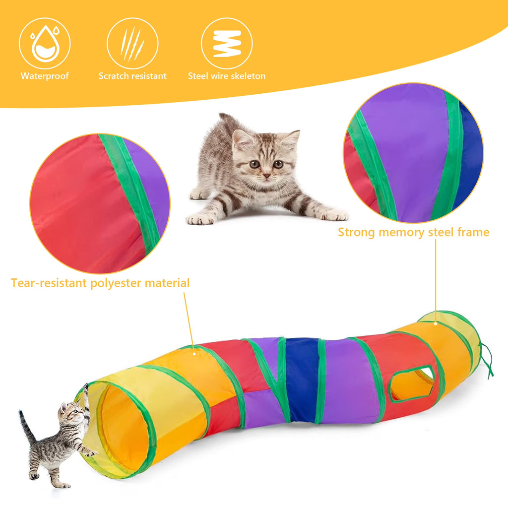 22PCS Cat Toy Set: Camouflage Tunnel, Feather Teaser & Plush/Mouse/Bell Balls (Colorful)
