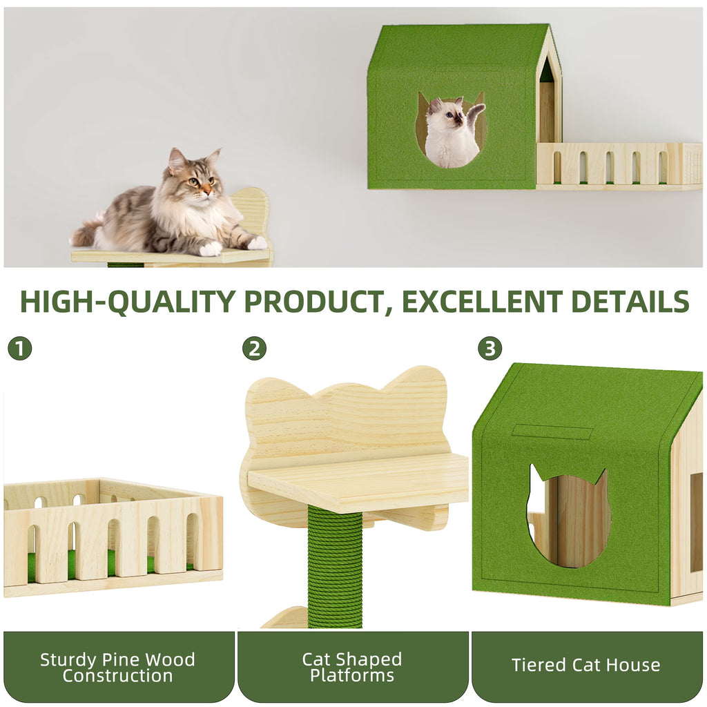 Cat Wall Shelves and Perches, Wooden Wall-Mounted Cat Furniture Set of 8 with House, 4 Perches, 2 Sisal Posts & Pom-Pom Toy for Indoor, Green & Wood