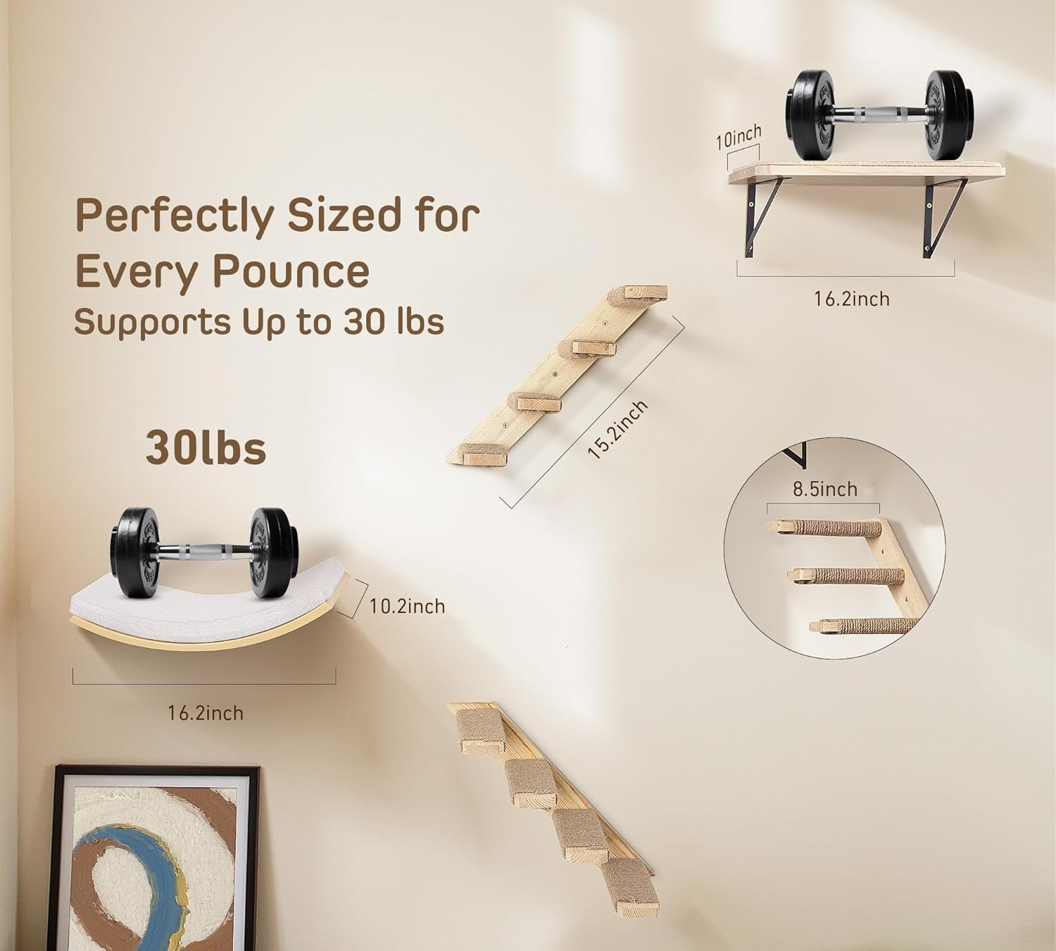 Wall-Mounted Cat Furniture Set, Wooden Climbing Shelves with 2 Steps, Curved Perch and Foam Pad