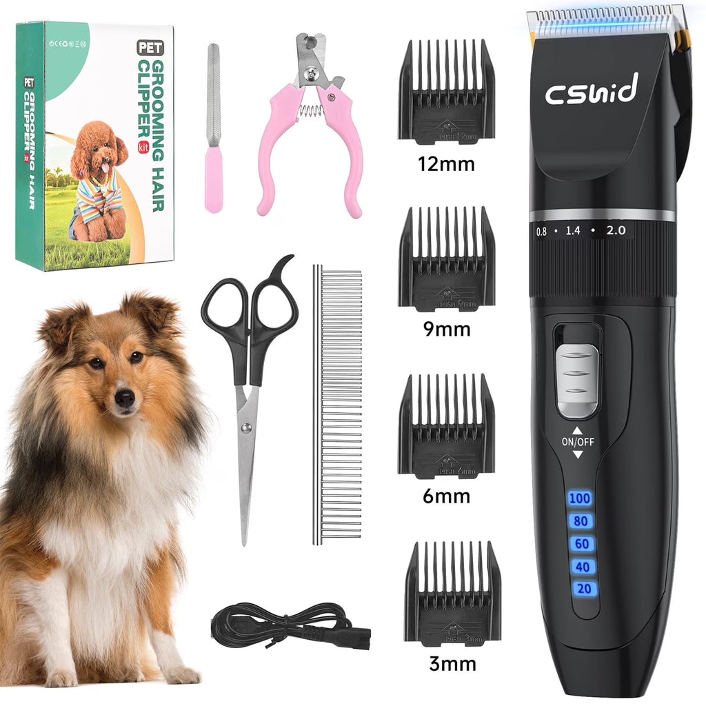 Dog Hair Clippers, Professional LED Display Dog Grooming Kit, Cordless Quiet Pets Clippers Hair Trimmer, Low Noise Dog Shaver Clipper with 4 Comb Guides, 5 Size Fine Tuning Knob for Thick Coats Cats