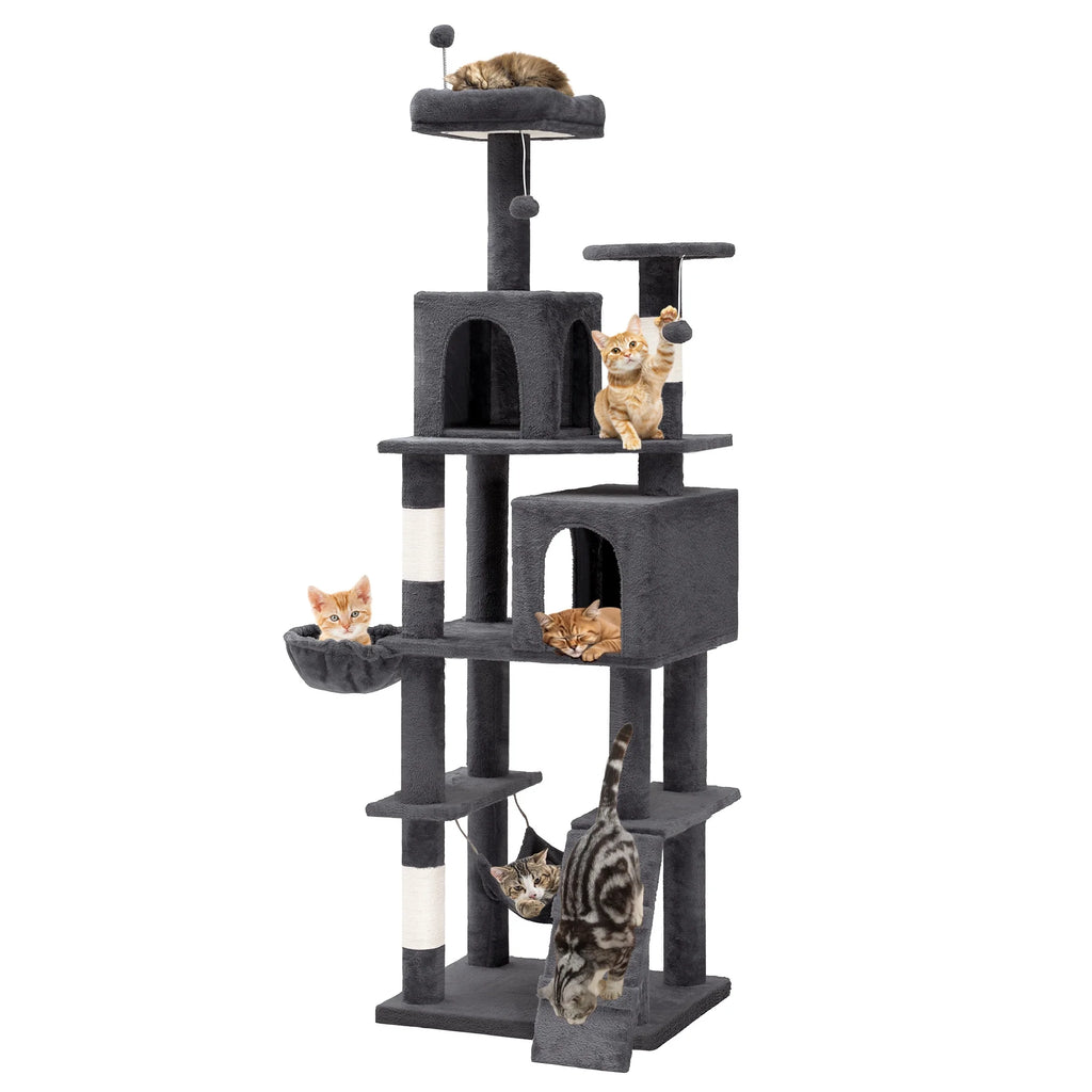 44" Multi-Level Cat Condo with Scratch Posts and Hammock, Light Gray