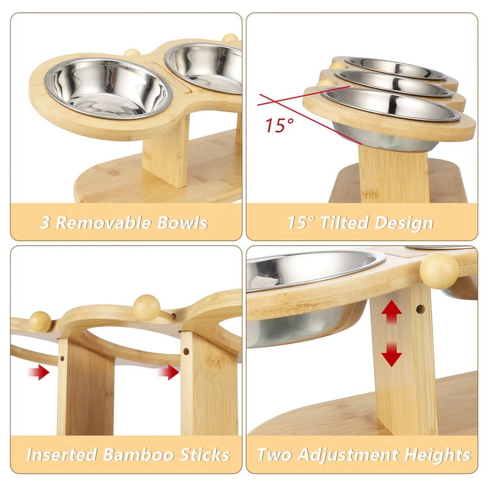 Elevated 3-Bowl Wood Stand Cat Feeder