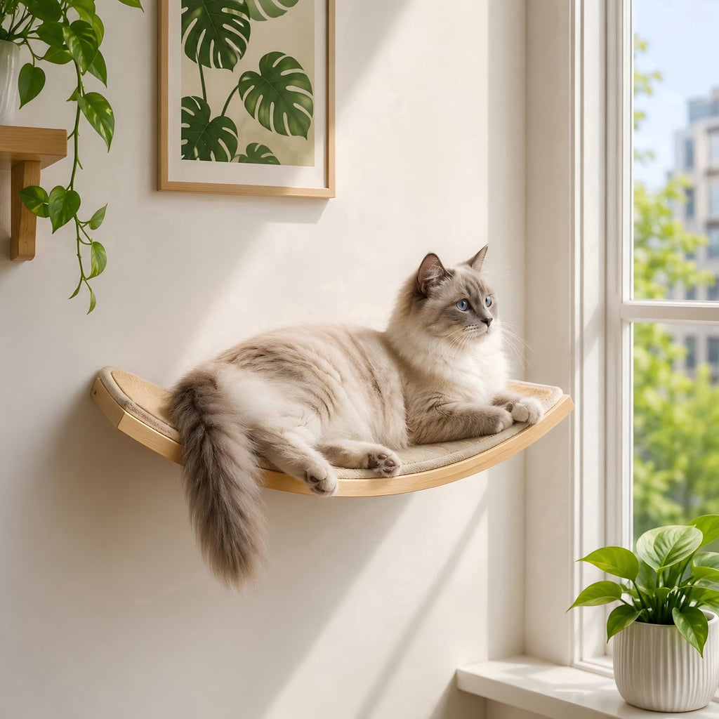 Wall-Mounted Cat Furniture Set, Wooden Climbing Shelves with 2 Steps, Curved Perch and Foam Pad