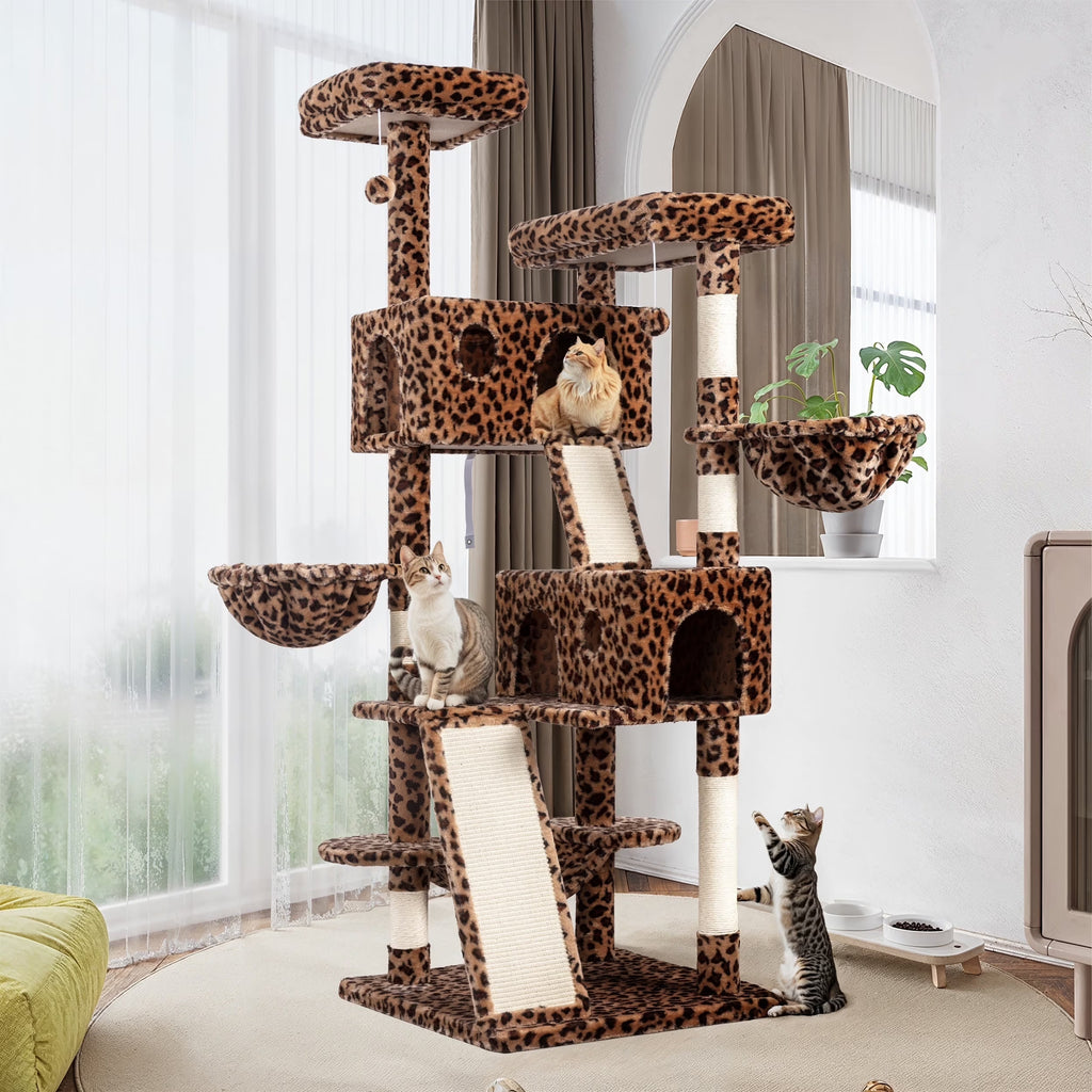 65.7" Large Cat Tree and Tower Condo for Indoor Cats with 2 Scratching Boards, Hammock & Post, Leopard Print