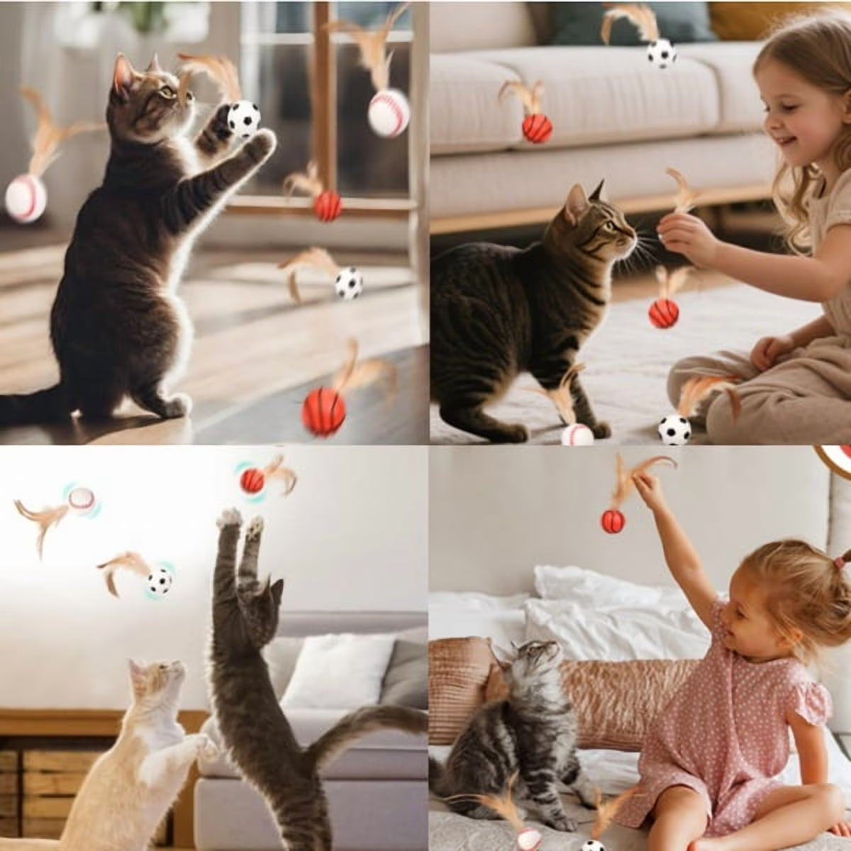 Loopunk 6 Pcs Feather Ball Cat Toy,Interactive Feather Bouncy Ball Toy Set for Cats,Mini and Elastic,Suitable for Pets to Play Indoors and Outdoors