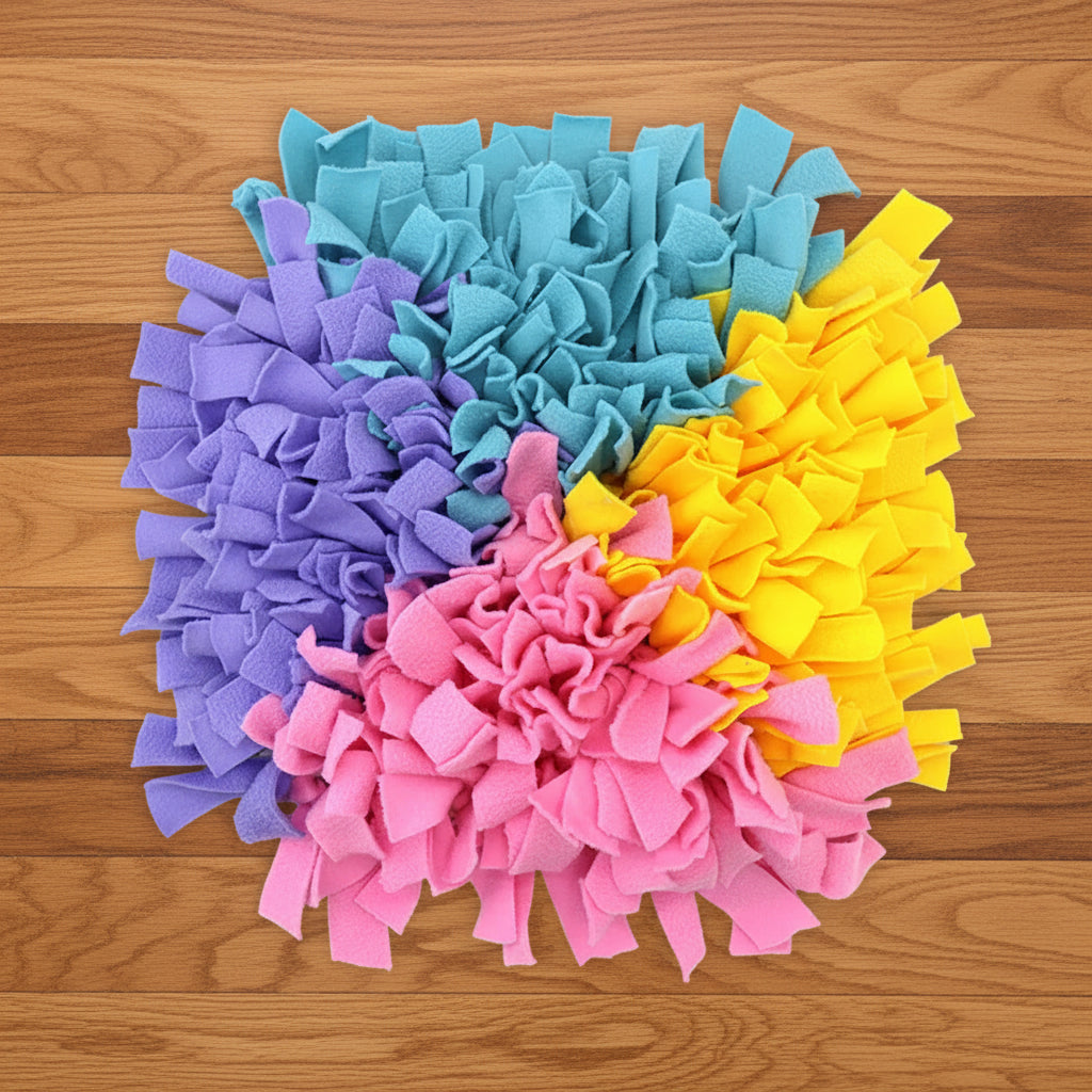 Colorful snuffle mats in blue, purple, pink, and yellow on a hardwood floor
