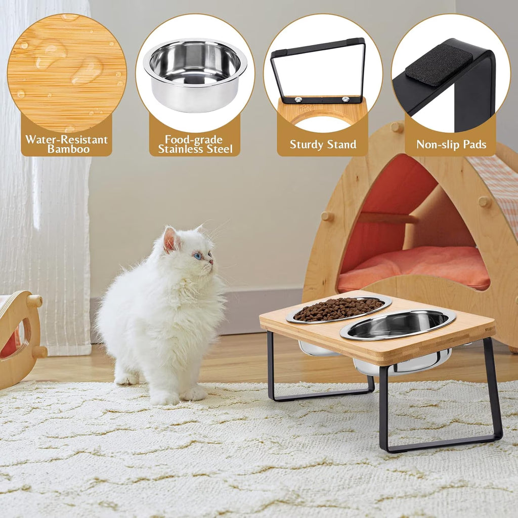 Elevated Cat Bowls for Food and Water, 15° Tilted Raised Stainless Steel Cat Food Bowl, Iron Wood Stand with anti Vomiting Dishes for Indoor Cats, Dogs and Pet