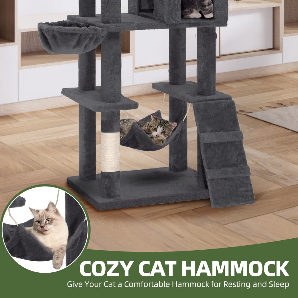 44" Multi-Level Cat Condo with Scratch Posts and Hammock, Light Gray