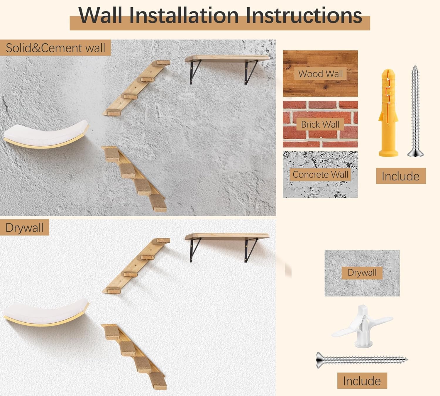 Wall-Mounted Cat Furniture Set, Wooden Climbing Shelves with 2 Steps, Curved Perch and Foam Pad