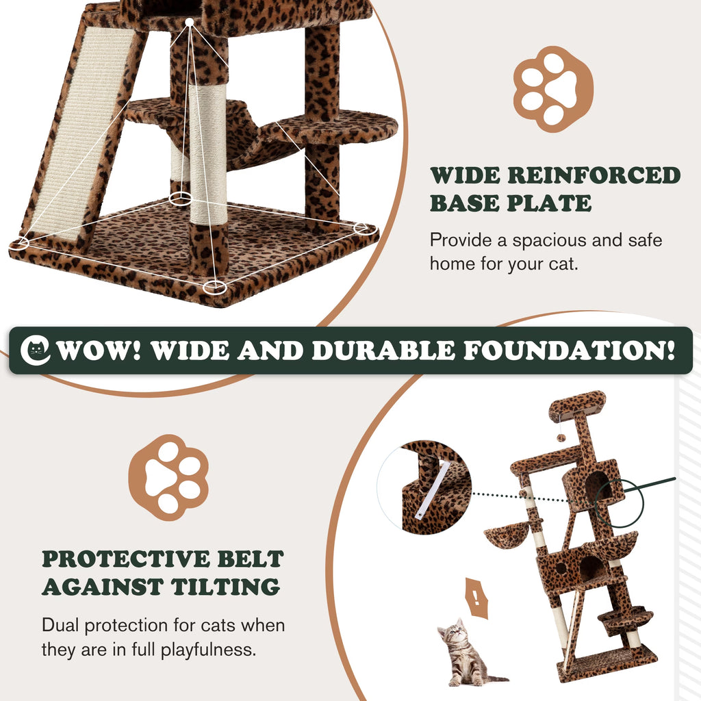 65.7" Large Cat Tree and Tower Condo for Indoor Cats with 2 Scratching Boards, Hammock & Post, Leopard Print