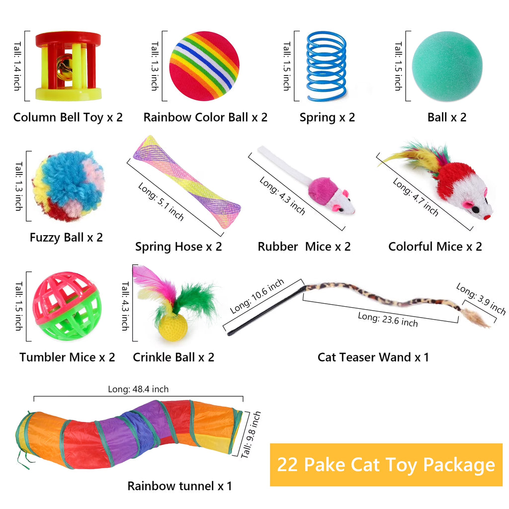 22PCS Cat Toy Set: Camouflage Tunnel, Feather Teaser & Plush/Mouse/Bell Balls (Colorful)