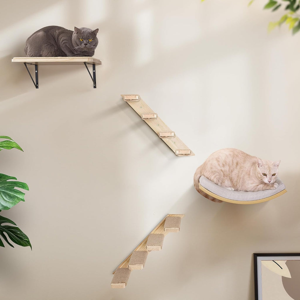Wall-Mounted Cat Furniture Set, Wooden Climbing Shelves with 2 Steps, Curved Perch and Foam Pad