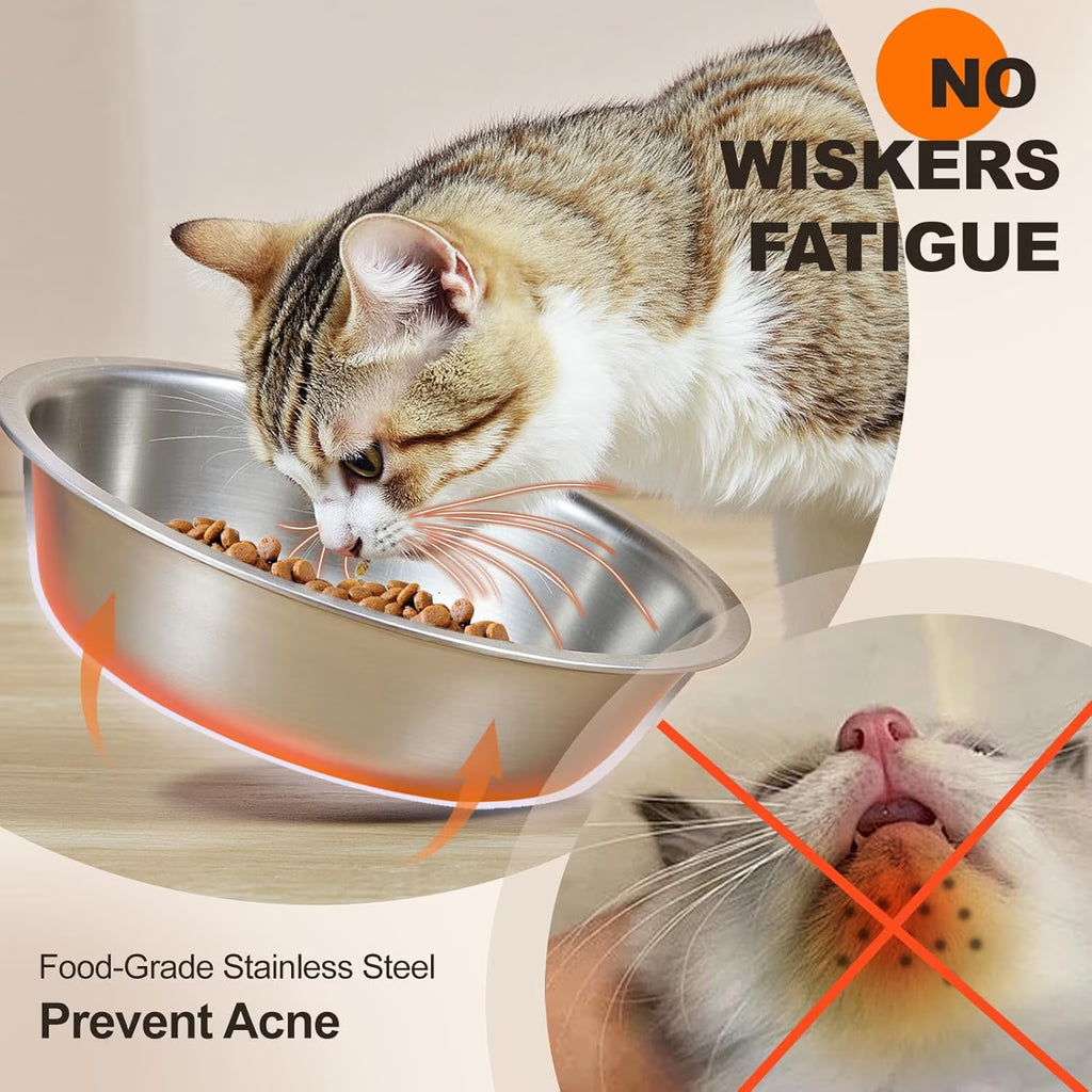 Elevated Cat Bowls for Food and Water, 15° Tilted Raised Stainless Steel Cat Food Bowl, Iron Wood Stand with anti Vomiting Dishes for Indoor Cats, Dogs and Pet