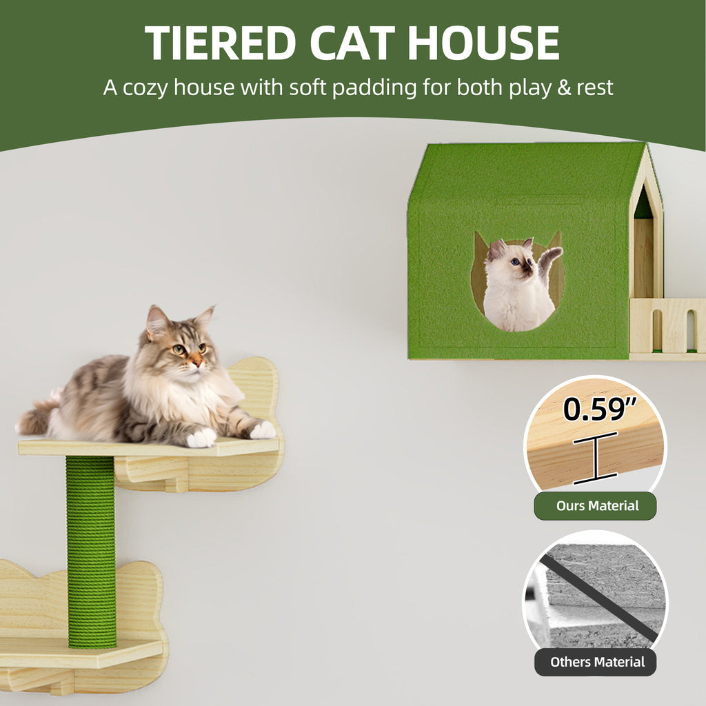 Cat Wall Shelves and Perches, Wooden Wall-Mounted Cat Furniture Set of 8 with House, 4 Perches, 2 Sisal Posts & Pom-Pom Toy for Indoor, Green & Wood
