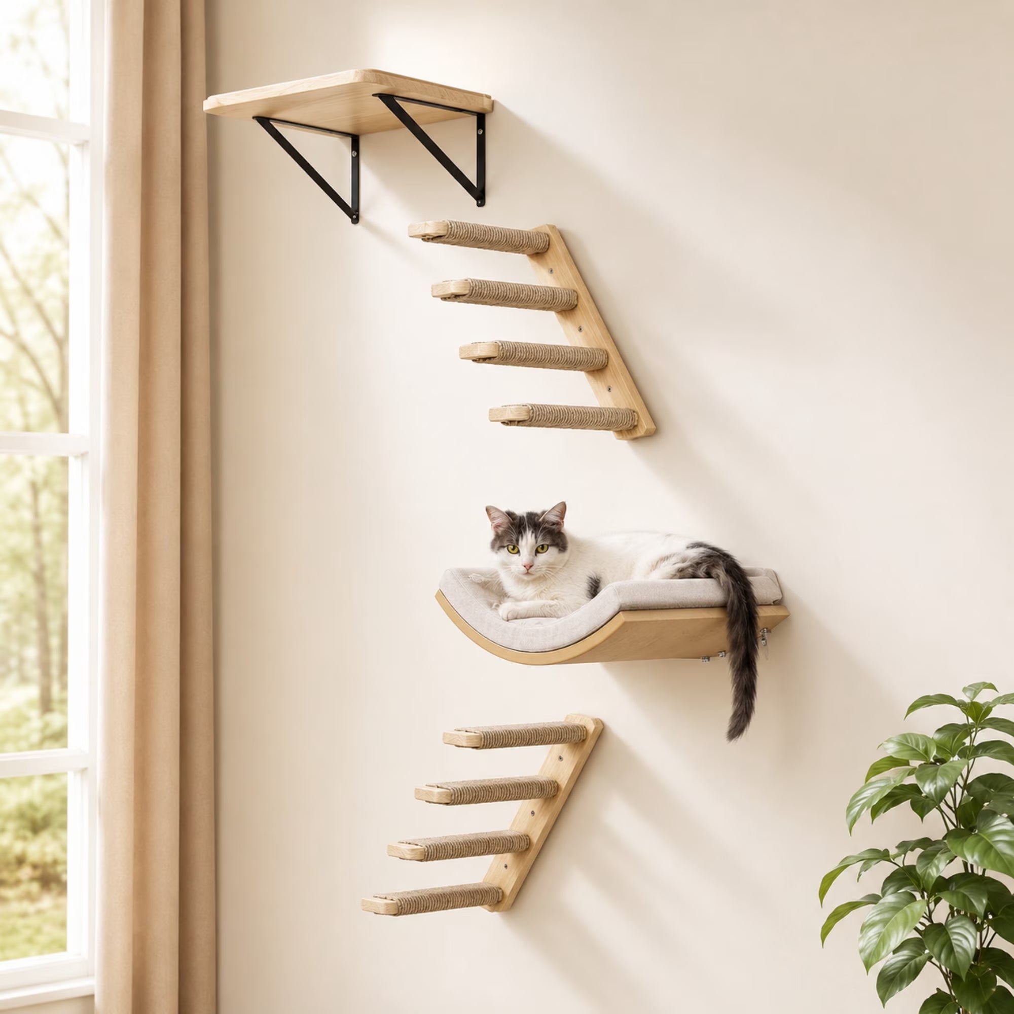 Wall-Mounted Cat Furniture Set, Wooden Climbing Shelves with 2 Steps, Curved Perch and Foam Pad