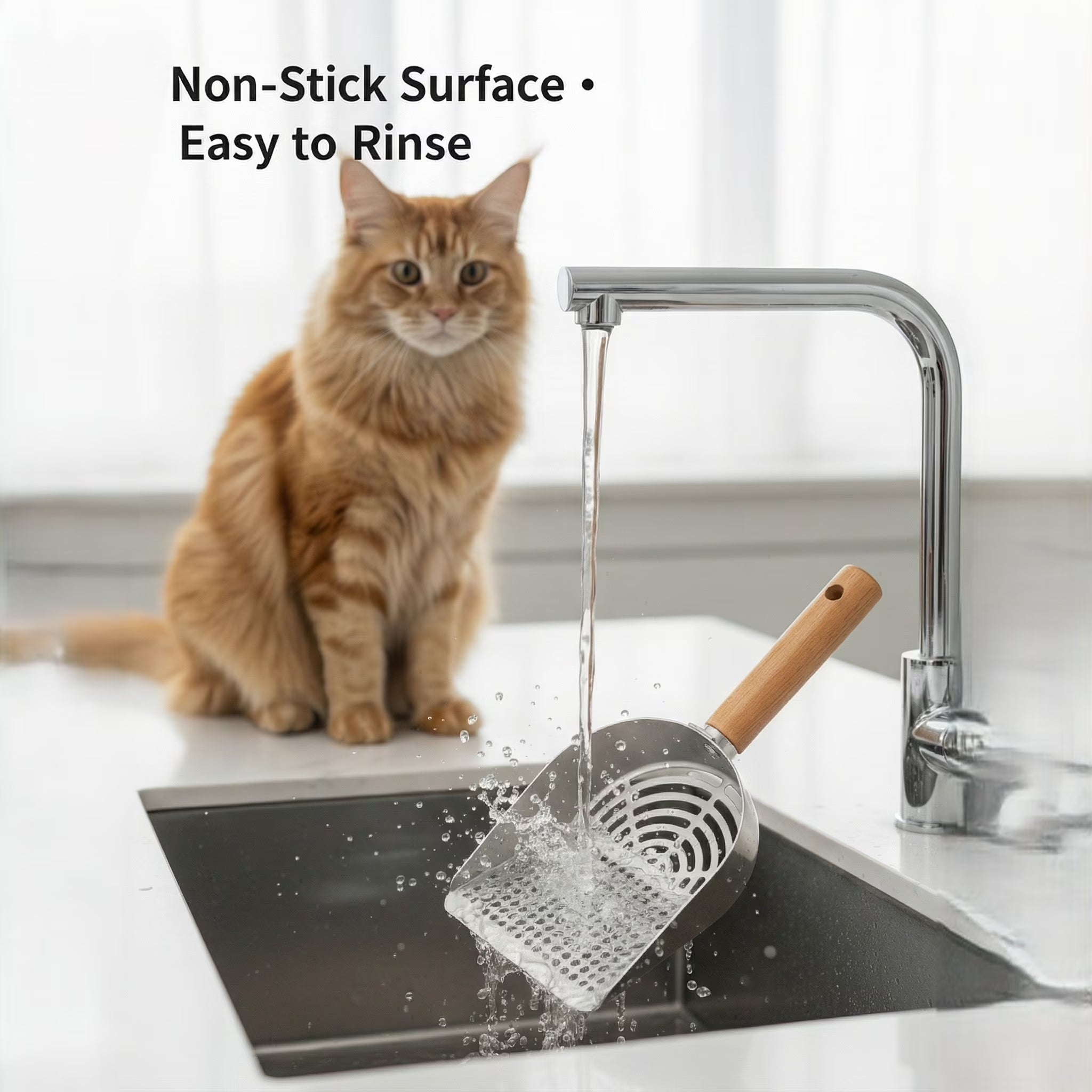 Heavy Duty Stainless Steel Cat Litter Scoop with Solid Wood Handle, Silver round Holes