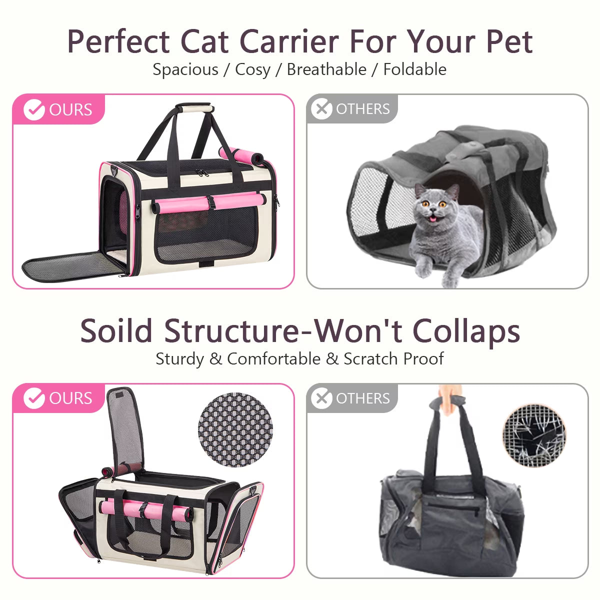 Cshidworld Collapsible Cat Carrier for Large Cats and Small Dogs up to 25Lbs, TSA Airline Approved,Soft-Sided Travel Dog Carrier with a Food/Water Bowl(Pink)