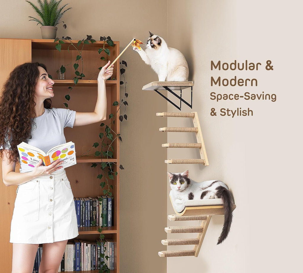 Wall-Mounted Cat Furniture Set, Wooden Climbing Shelves with 2 Steps, Curved Perch and Foam Pad