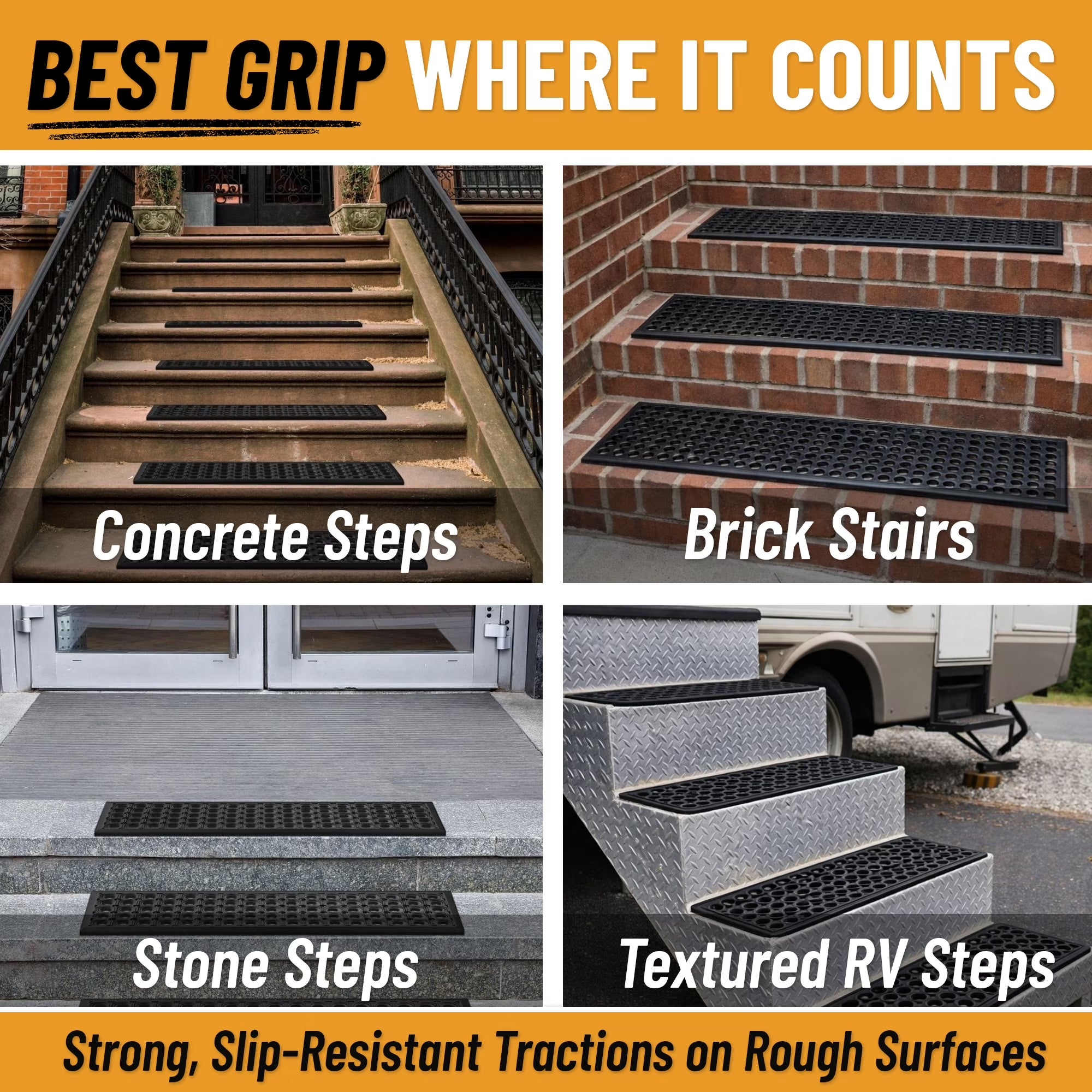 Outdoor Rubber Stair Treads 10" X 30" (5 Pack) – Non-Slip Stair Mats, Black Perforated