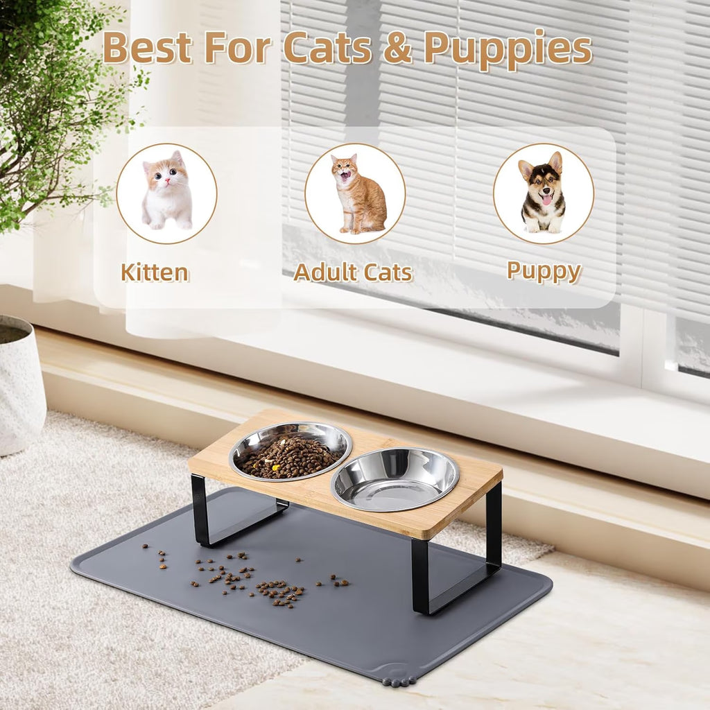 Elevated Cat Bowls for Food and Water, 15° Tilted Raised Stainless Steel Cat Food Bowl, Iron Wood Stand with anti Vomiting Dishes for Indoor Cats, Dogs and Pet