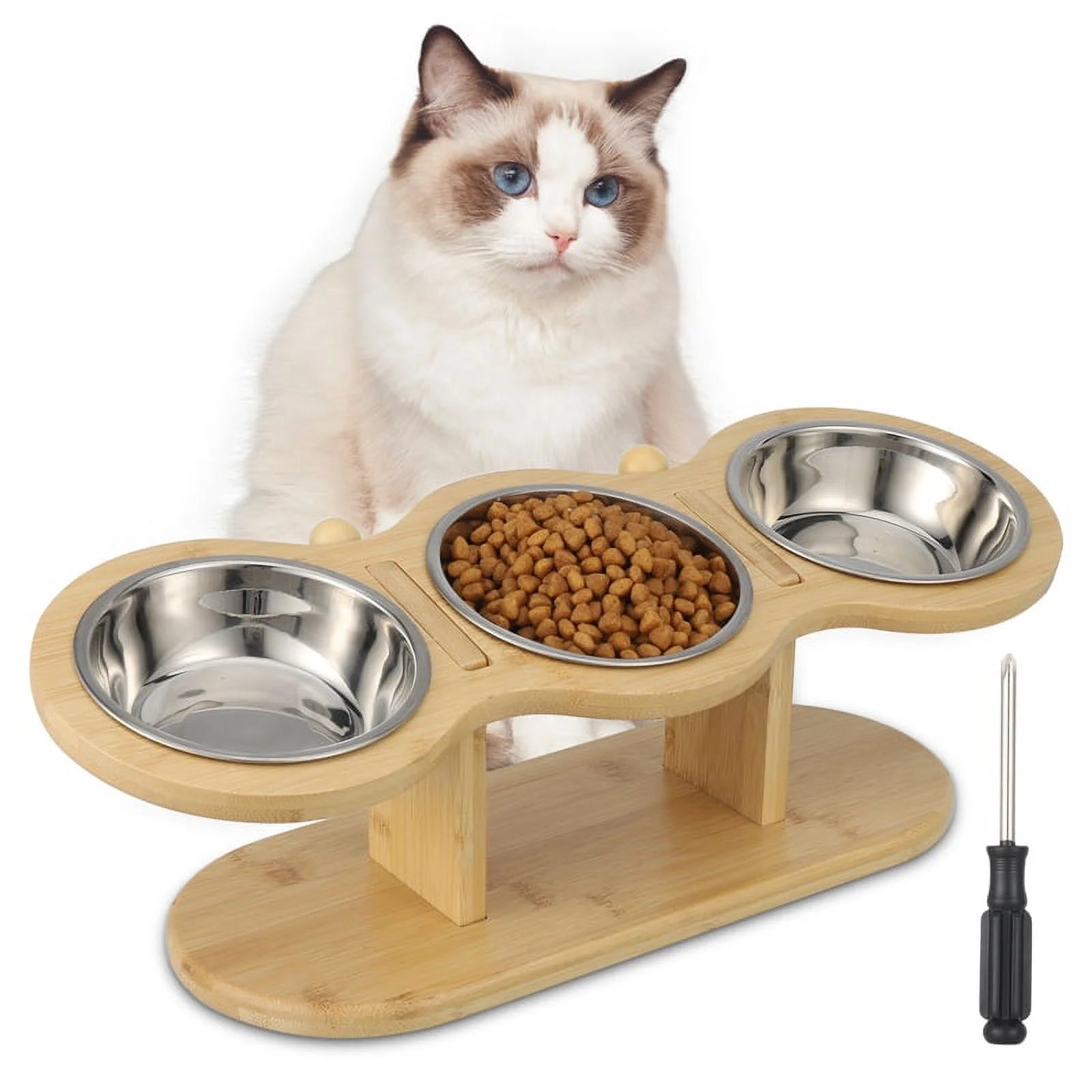 Elevated 3-Bowl Wood Stand Cat Feeder