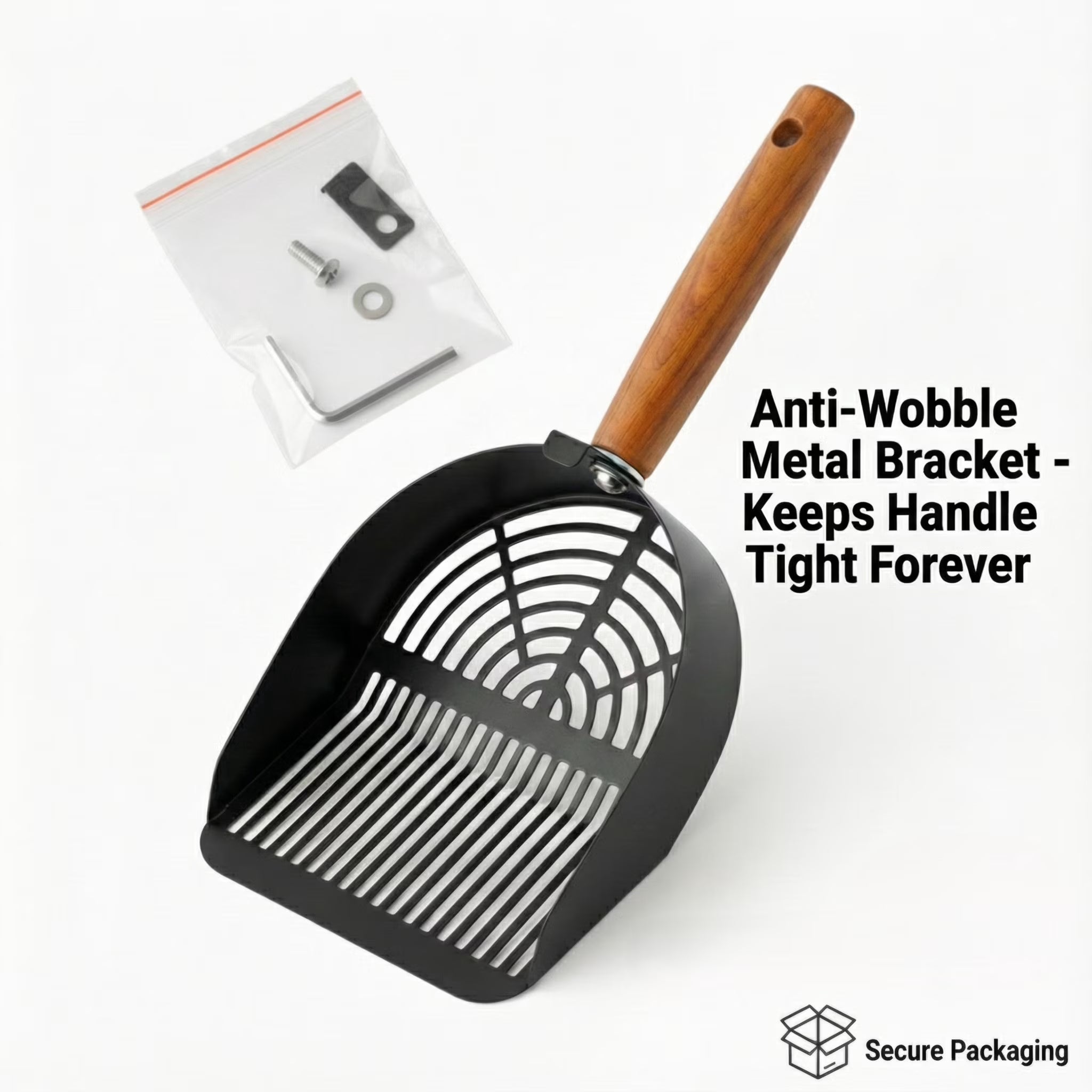Heavy Duty Stainless Steel Cat Litter Scoop with Solid Wood Handle, Silver round Holes