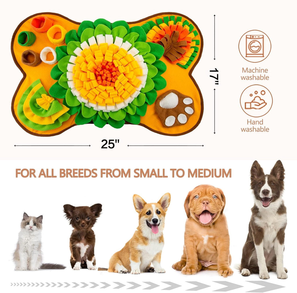 Snuffle Mat for Dogs, Bone Shaped Interactive Dog Feeding Mat 17 X 25 In, Slow Feeder Sniff Mat with Treat Hiding Pockets, Puzzle Enrichment Mat for Puppies, Small and Medium Dogs, Orange