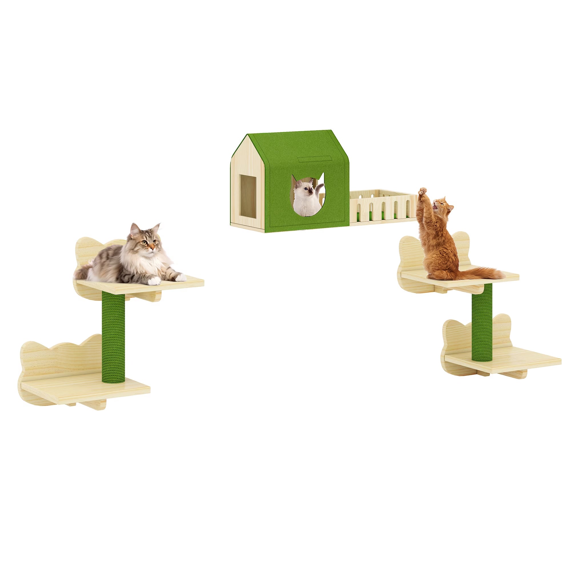 Cat Wall Shelves and Perches, Wooden Wall-Mounted Cat Furniture Set of 8 with House, 4 Perches, 2 Sisal Posts & Pom-Pom Toy for Indoor, Green & Wood