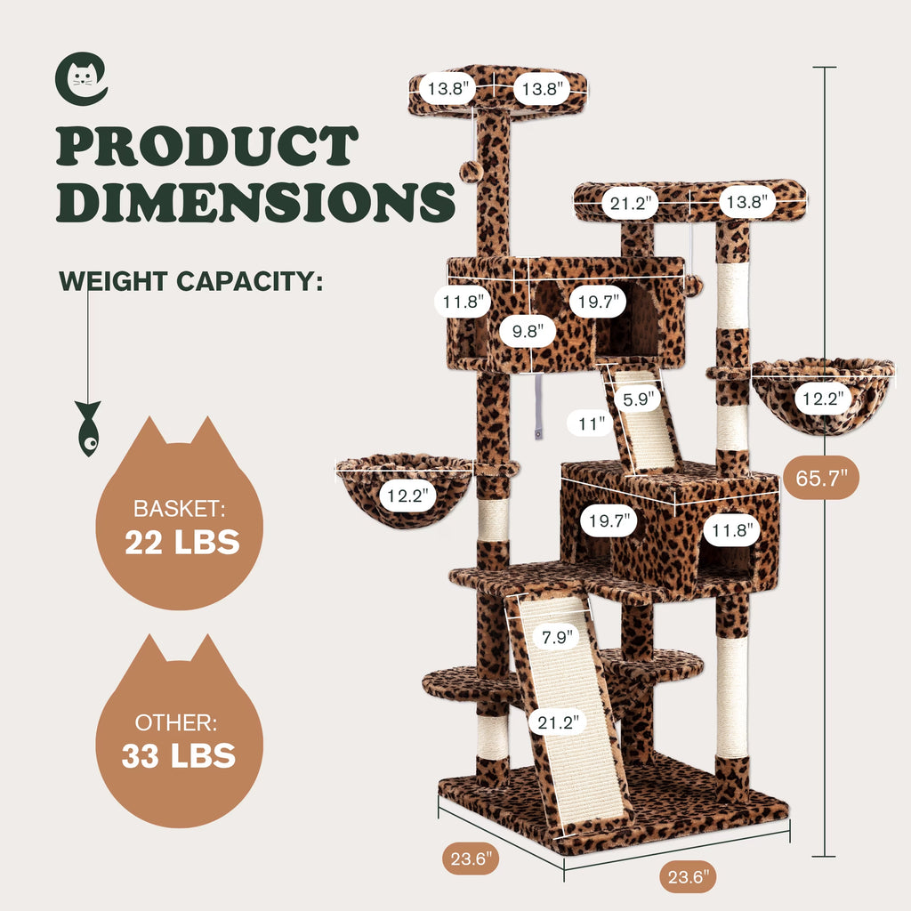 65.7" Large Cat Tree and Tower Condo for Indoor Cats with 2 Scratching Boards, Hammock & Post, Leopard Print