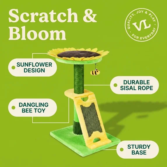 Sunflower Scratch Post with Built-In Massager, Green and Yellow, 24"