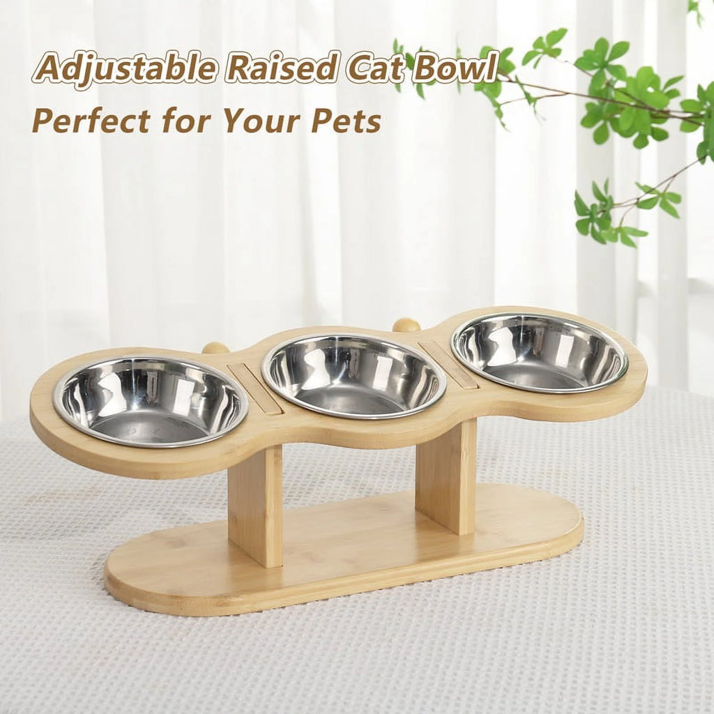 Elevated 3-Bowl Wood Stand Cat Feeder