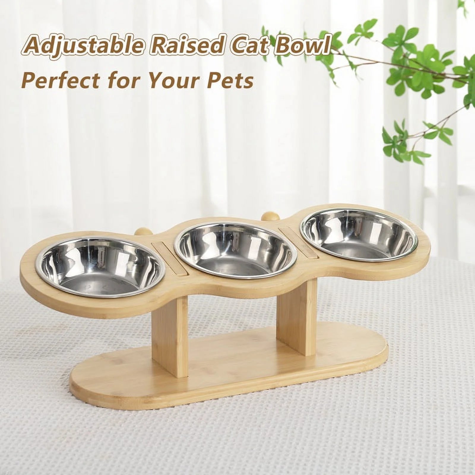 Elevated 3-Bowl Wood Stand Cat Feeder