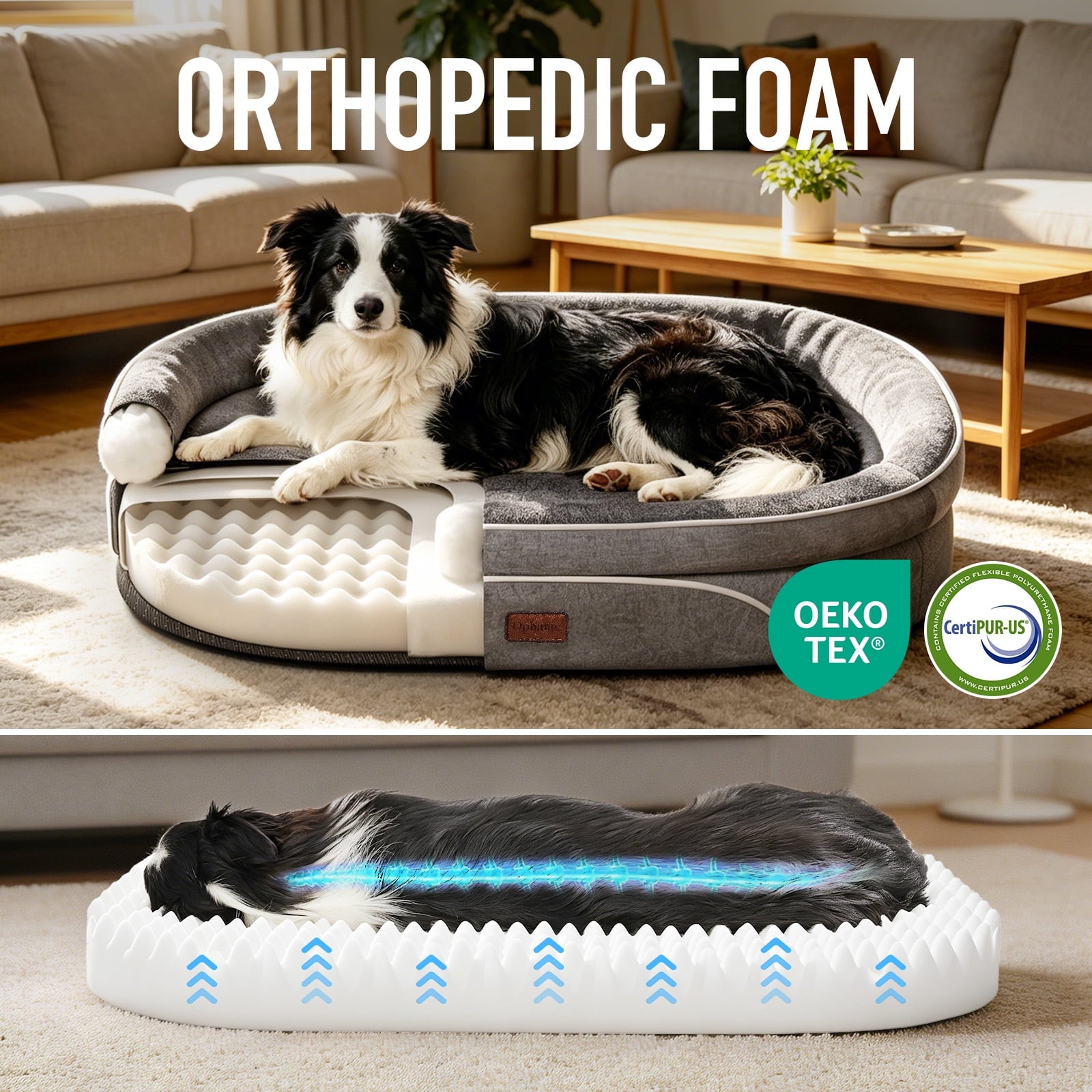 35In Luxury Sofa-Style Pet Orthopedic Bed for Large and Medium Dogs – Removable Machine-Washable Plush Cover, 4-Sided Bolster, Non-Slip Bottom, Size 35"X28"X6" Gray