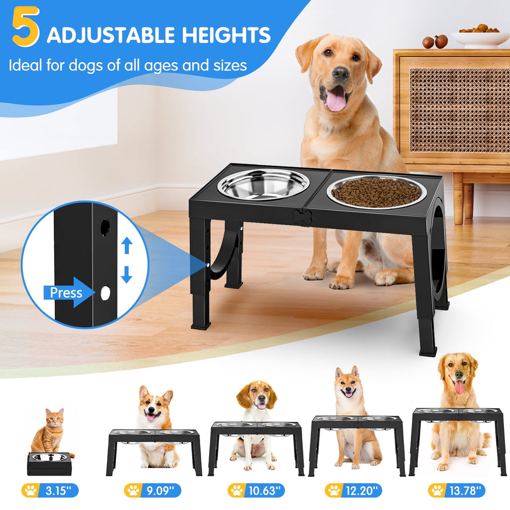 X XBEN Elevated Dog Bowls, 5 Heights Adjustable Dog Raised Bowl Stand with Two 1000ML Stainless Steel Dog Food and Water Bowls, Pet Bowl Holder to Protect Dogs Joints for Small Medium Large Dog