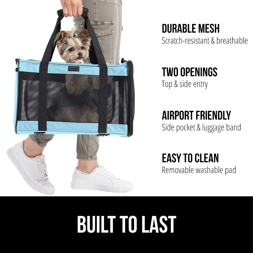 Cat Carrier Portable Dog Kennel up to 15 Lbs, Airline Pet Travel Bag, Blue
