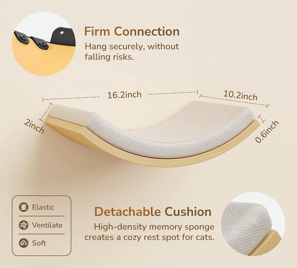 Wall-Mounted Cat Furniture Set, Wooden Climbing Shelves with 2 Steps, Curved Perch and Foam Pad